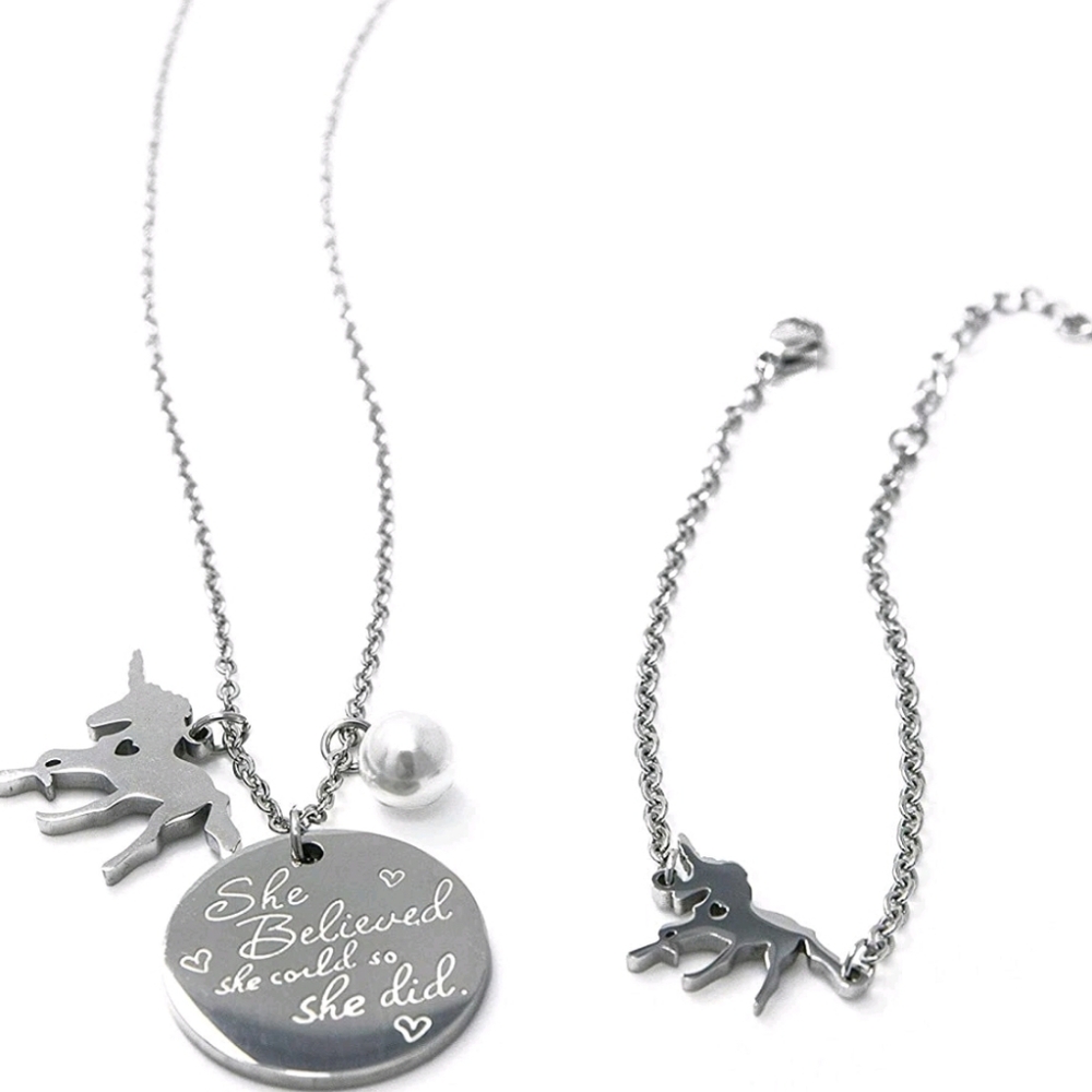 Silver Tone Unicorn Pendant Necklace and Bracelet Set